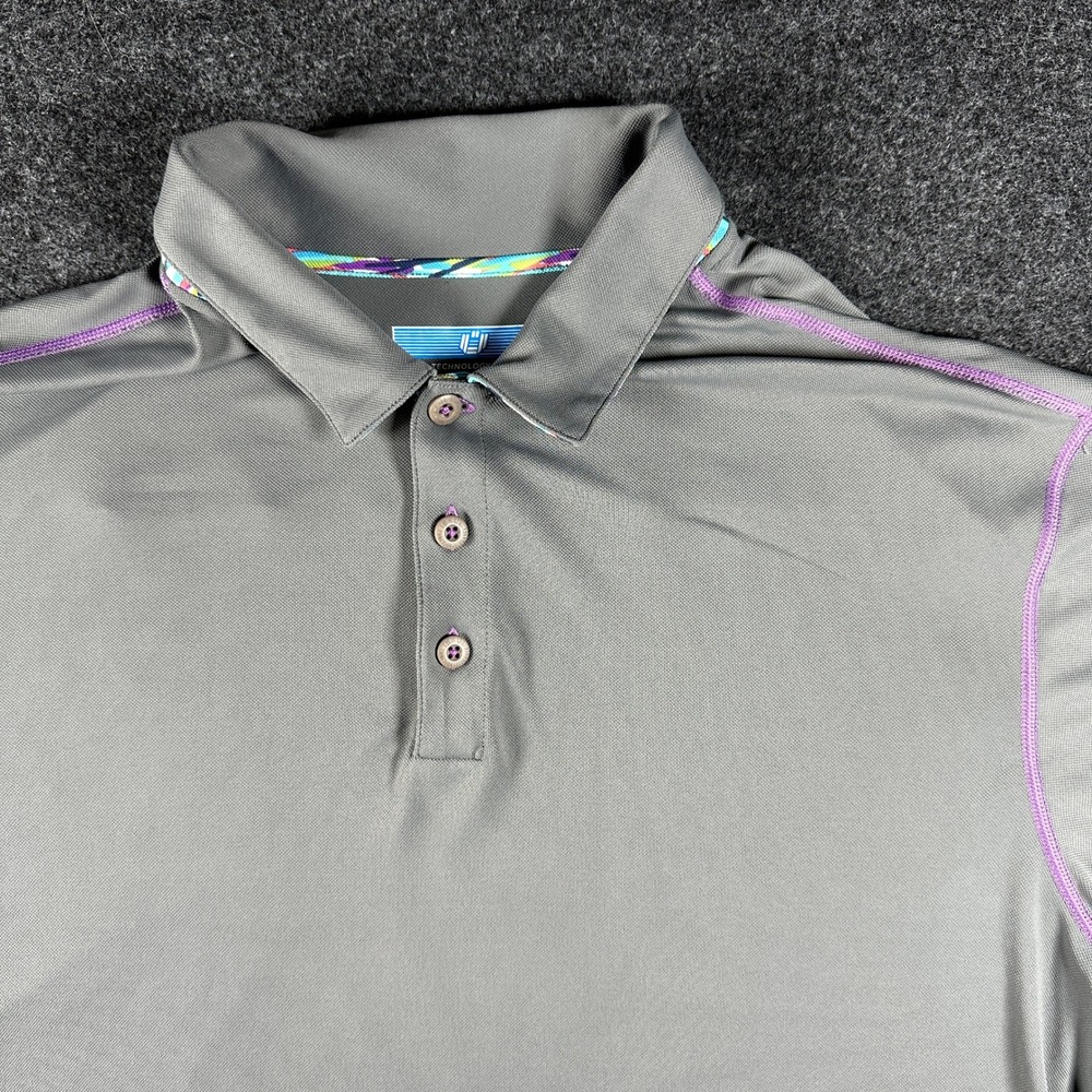 IBKUL Mens Icefil Polo Shirt Large Grey Purple Stitching UPF 50 Golf Performance